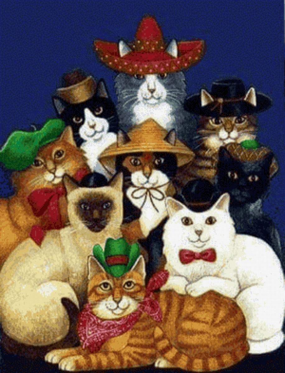 Кошки разных народов - кошки, кошачий портрет, живопись, животные, картина - предпросмотр