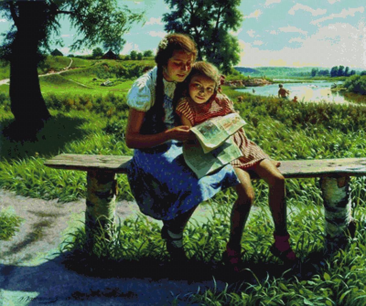 ЛЕТО ЛАКТИОНОВ ДОЧЕРИ - девочки, газета, лето, скамейка - предпросмотр