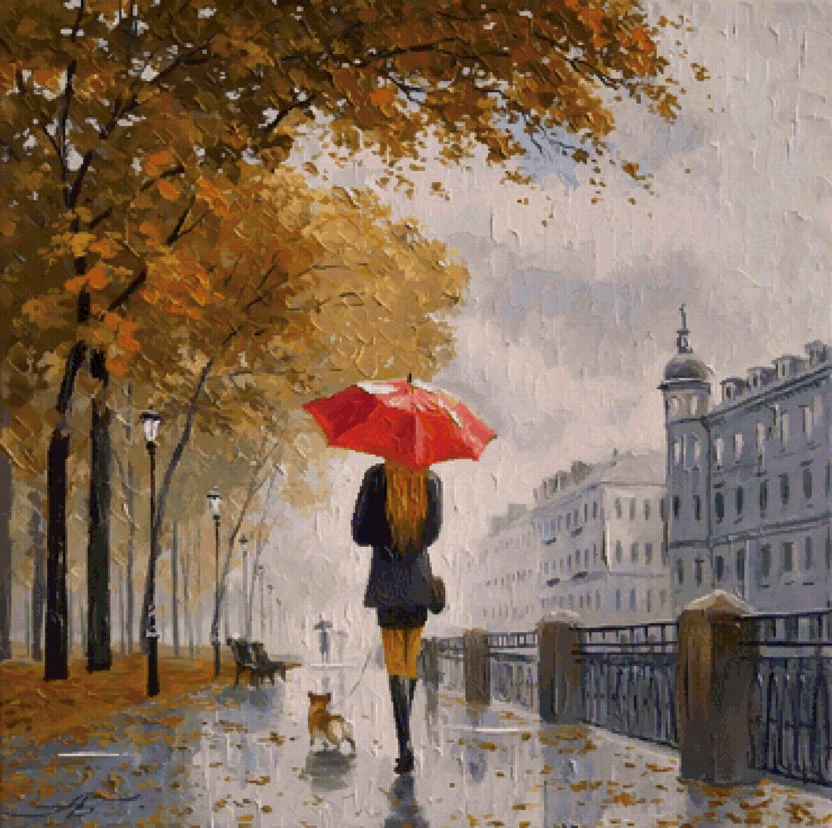 Дождь - город, девушка под зонтом - предпросмотр