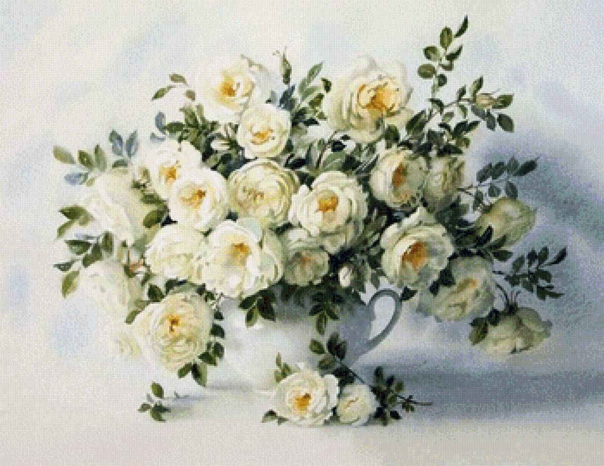 Букет белых роз - цветы, живопись, розы, букет - предпросмотр