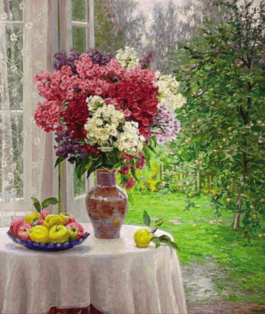 Август - букет, флоксы, яблоки, сад - предпросмотр