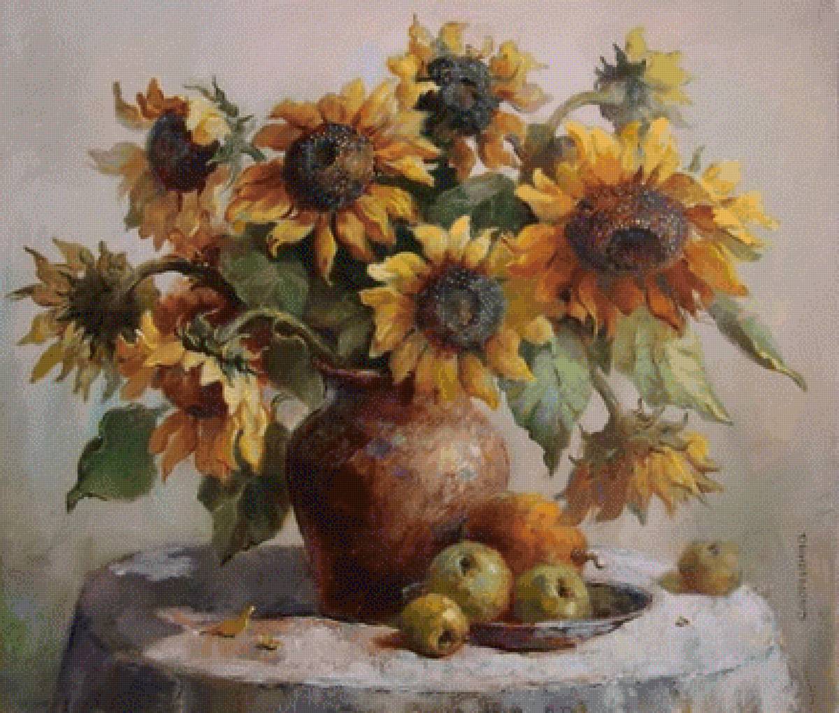 подсолнухи - цветы, осень, ваза, натюрморт - предпросмотр