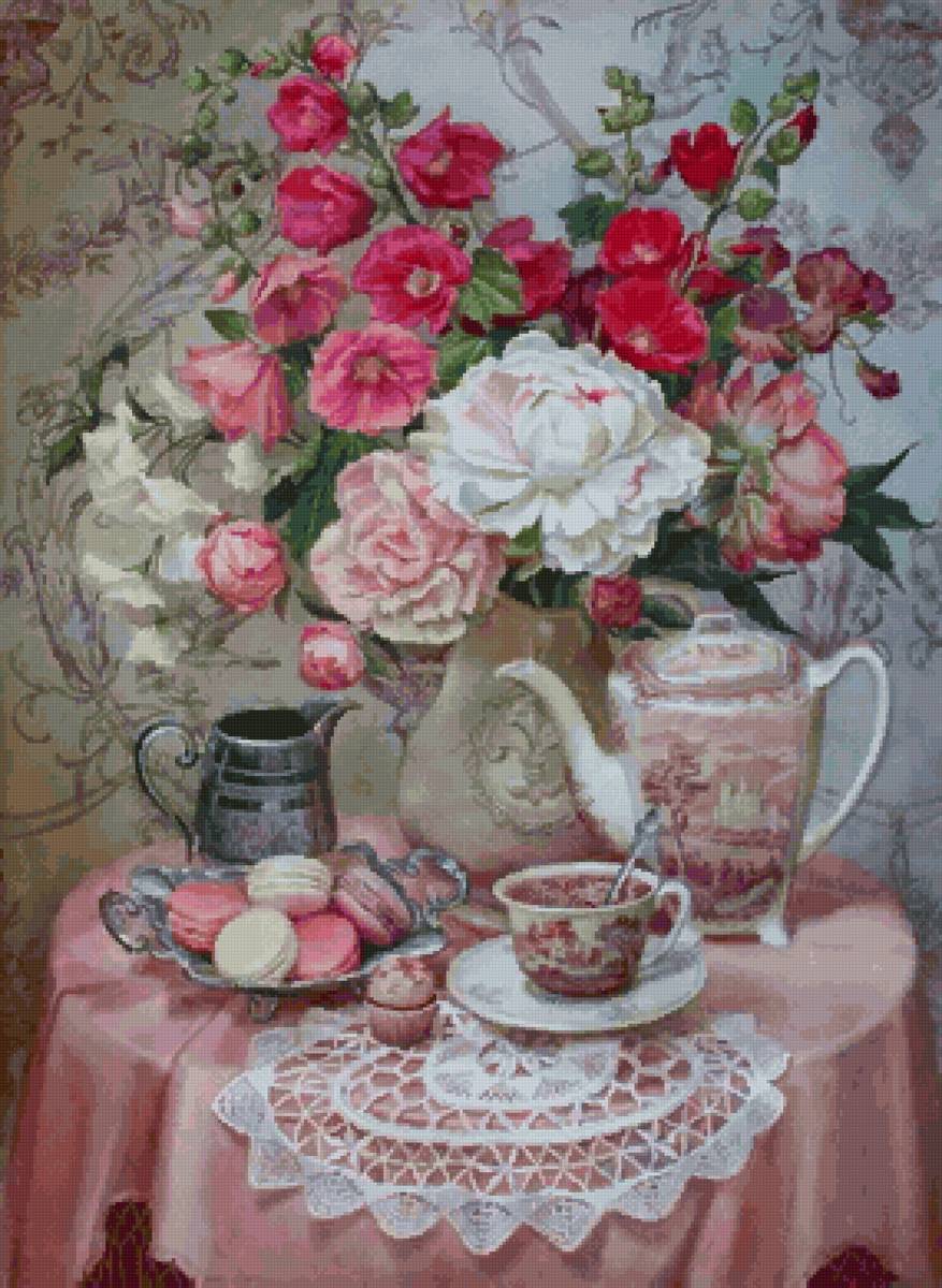 Утренний кофе - натюрморт, маскарпоне, кофе, мальвы, фарфор - предпросмотр