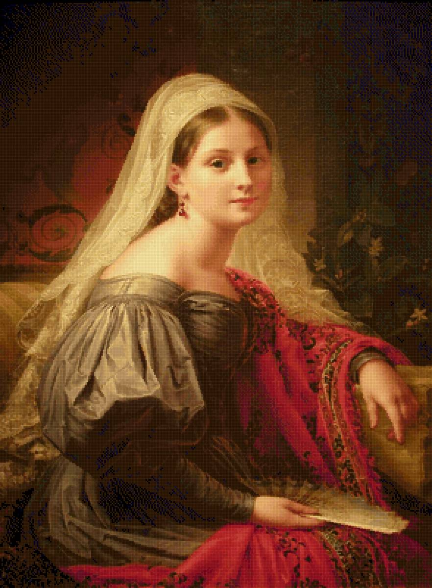 девушка с веером - девушка, портрет, веер - предпросмотр