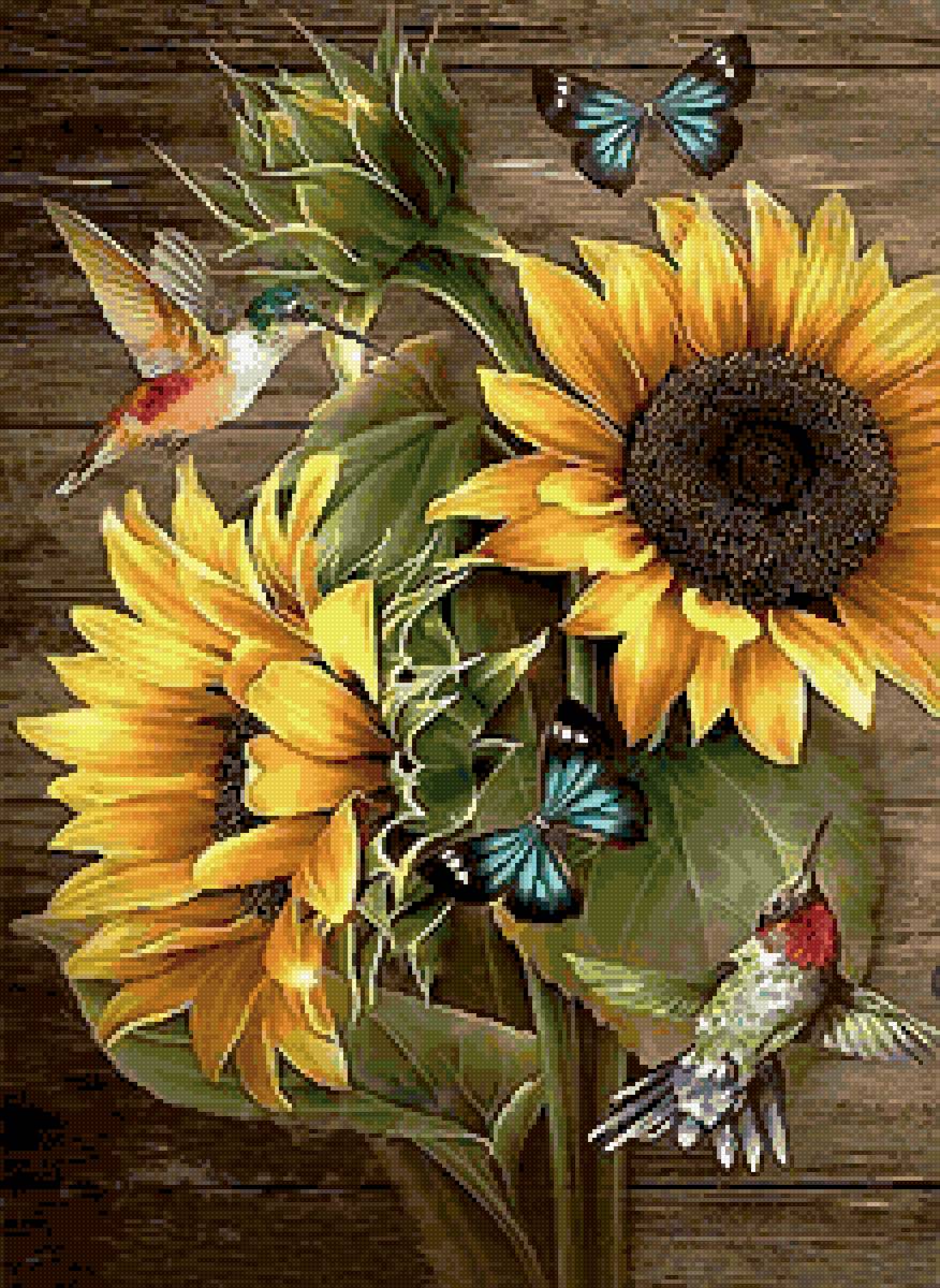 птицы на подсолнухах - предпросмотр