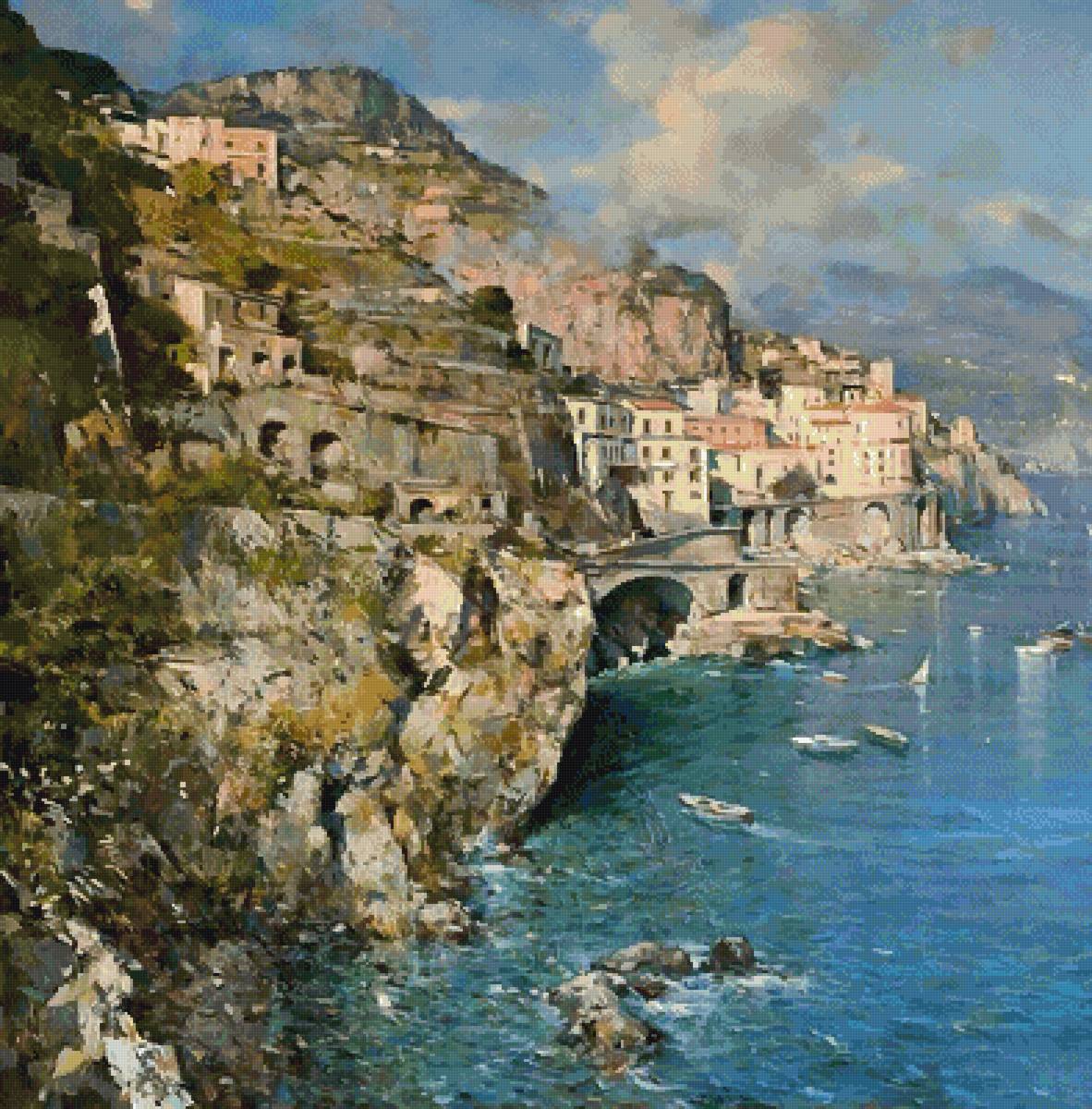 У берегов Италии - городок, скалы, лето, море - предпросмотр