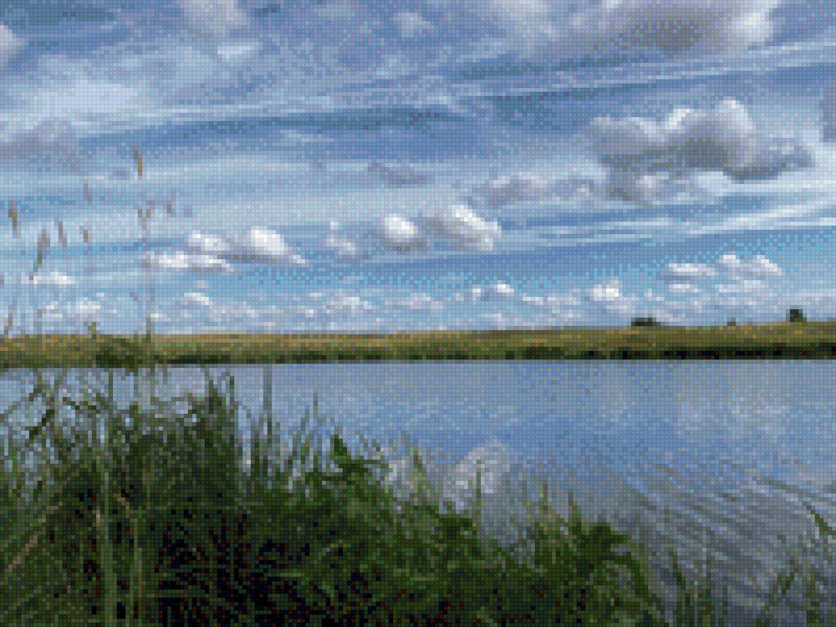 Тихое место - облака, река, небо, поле, вода, заросли - предпросмотр