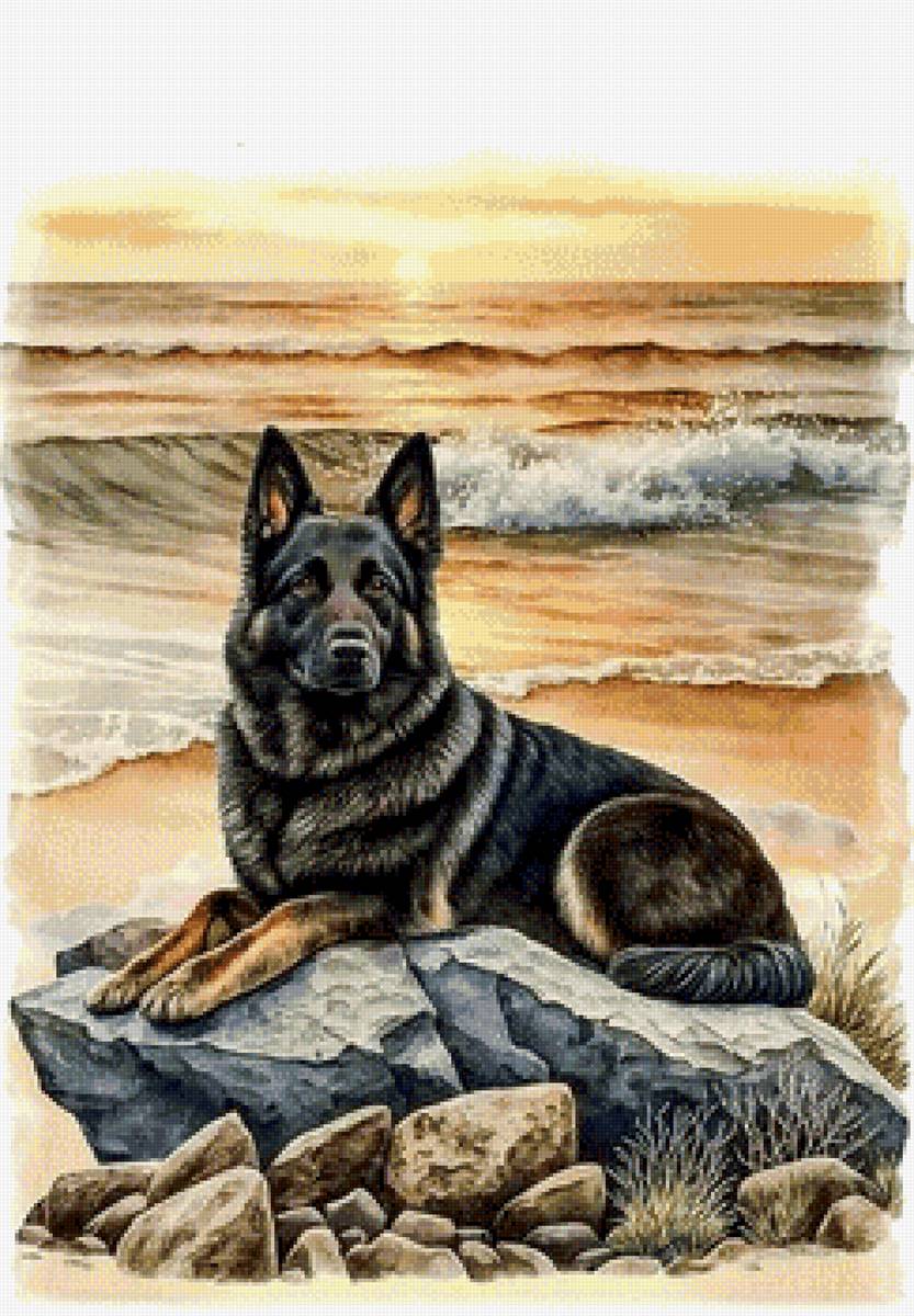 На берегу - собака, живопись, домашние животные - предпросмотр