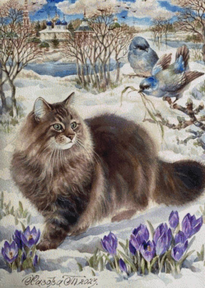 Весна - живопись, кот, птицы, весна - предпросмотр