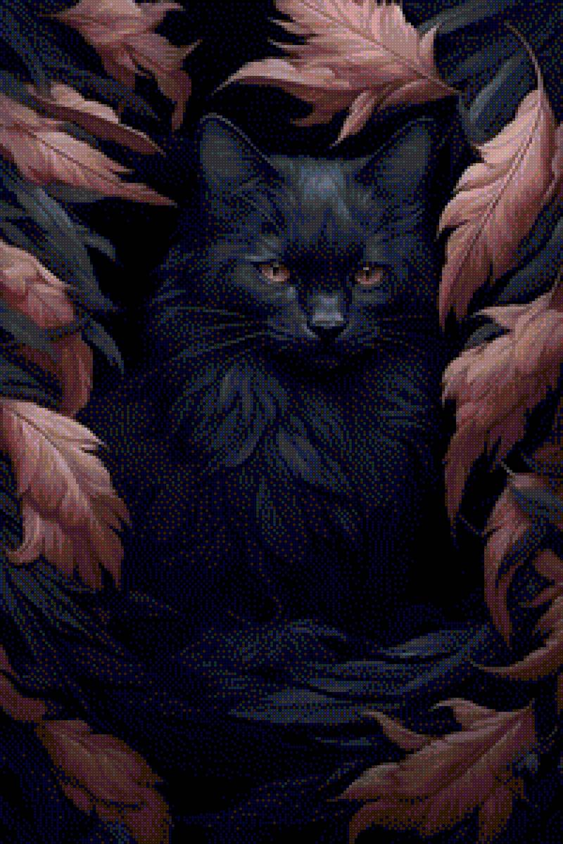 Gato negro con plumas negras y rosa - предпросмотр