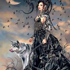 Схема вышивки «Dama de negro con lobo y dragón»