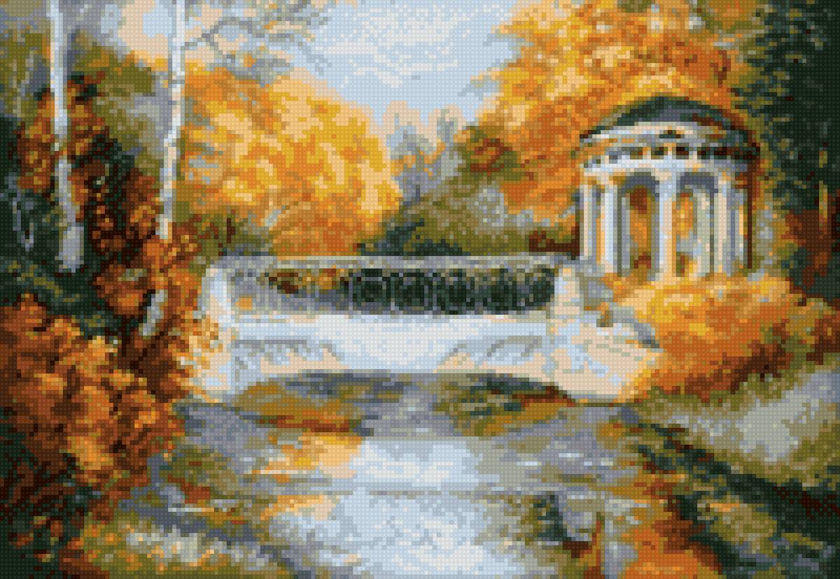 Осенний парк - беседка, осень, природа, вода, парк, пейзаж - предпросмотр