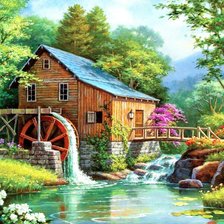 Схема вышивки «Водяная мельница в лесу»