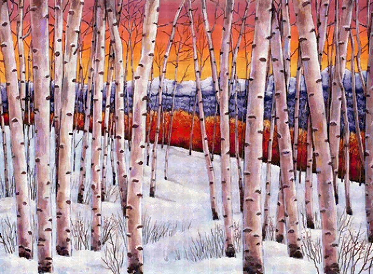 Зимний сон. По кратине Джонатана Харриса - пейзаж, картина, березы, природа, живопись, лес, картины - предпросмотр