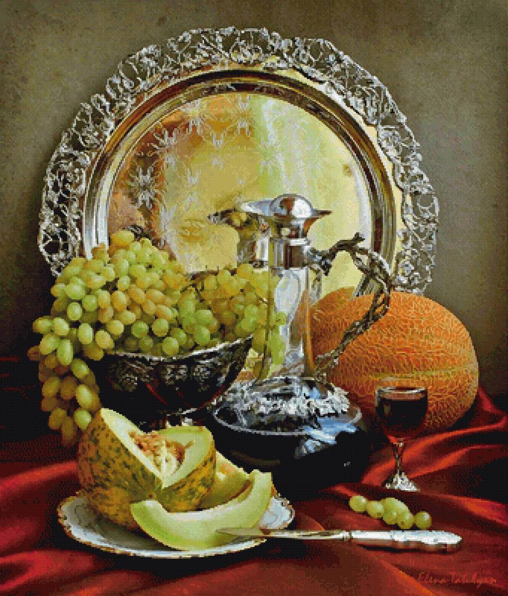 Натюрморт с дыней, виноградом, серебряной посудой - натюрморт, серебро, дыня - предпросмотр