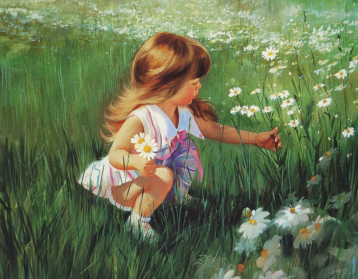 Букет. По картине Дональда Золана - картина, ребенок, пейзаж, живопись, картины, девочка, цветы - оригинал