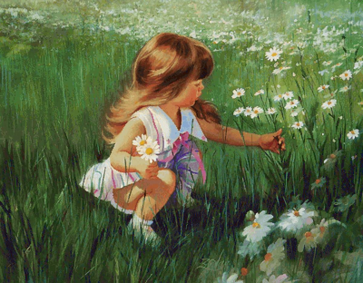 Букет. По картине Дональда Золана - цветы, живопись, картина, ребенок, картины, девочка, пейзаж - предпросмотр