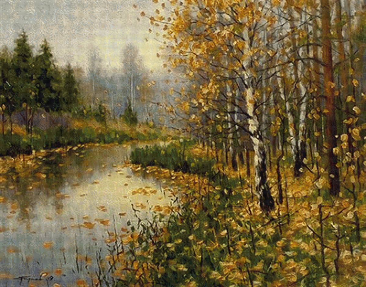 Листопад - живопись, деревья, пейзаж, осень, река - предпросмотр