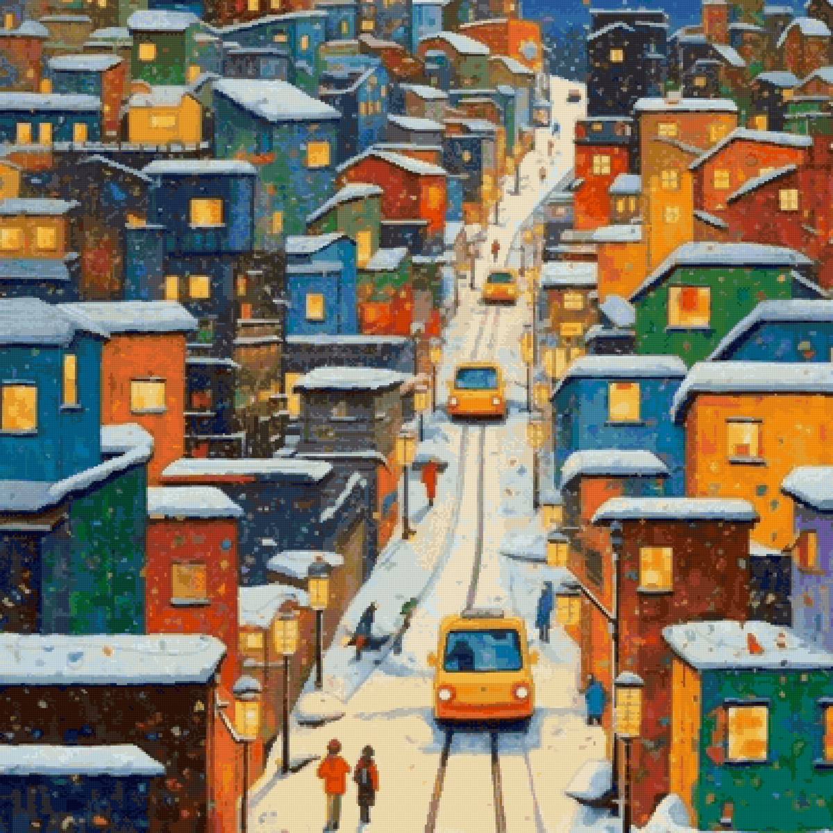 Зимний город - транспорт, город, зима, люди - предпросмотр