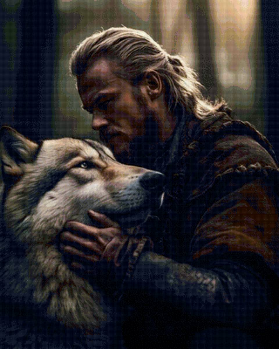 мужчина и волк - мужчина, глаза, волк, взгляд - предпросмотр