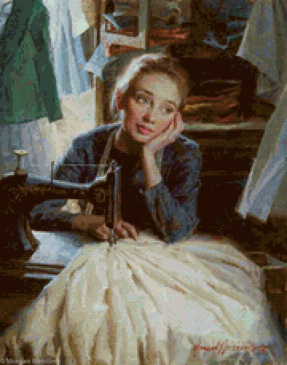 Морган Вейстлинг. Девушка за швейной машиной. - мечта, швея, швейная машина, портниха, девушка, шитье - предпросмотр