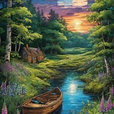 Схема вышивки «Лес, луна, лодка»