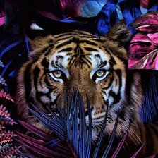 Схема вышивки «Тигр в розово-фиолетовых листьях»