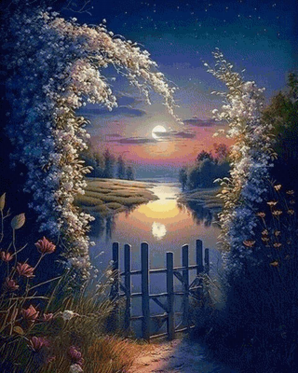 Лунная ночь - деревня, река, луна, ночь - предпросмотр