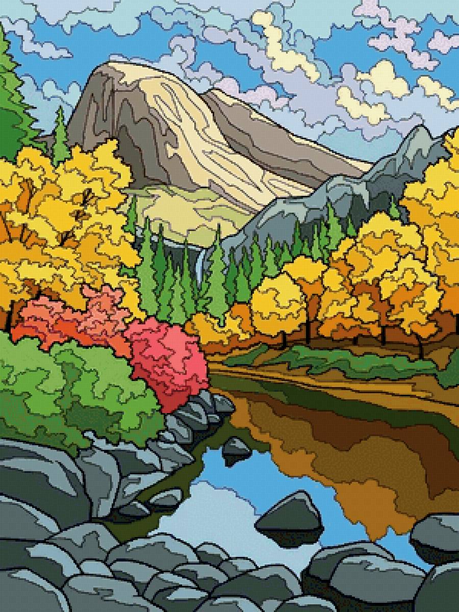 Пейзаж. Иллюстрация 2 - лес, горы, река, природа, пейзаж - предпросмотр