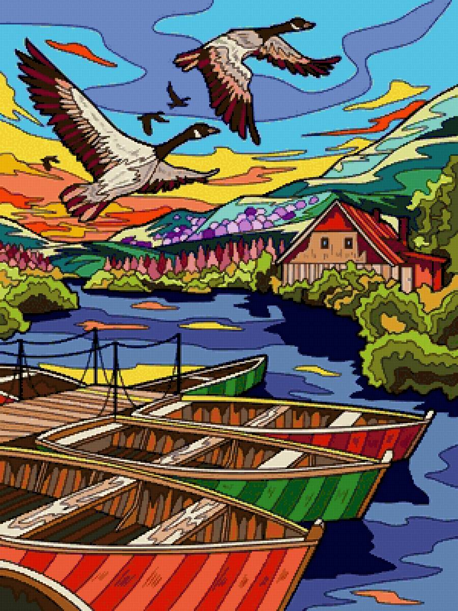 Пристань - птицы, природа, пейзаж, лодки, море - предпросмотр