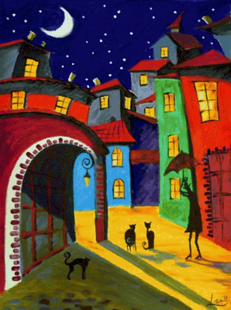 Ночь в городе. Арт - городской пейзаж, город, арт, кот - предпросмотр