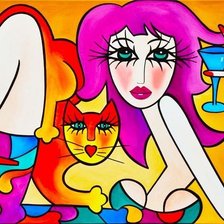 Схема вышивки «Женщина с кошкой и рюмкой»