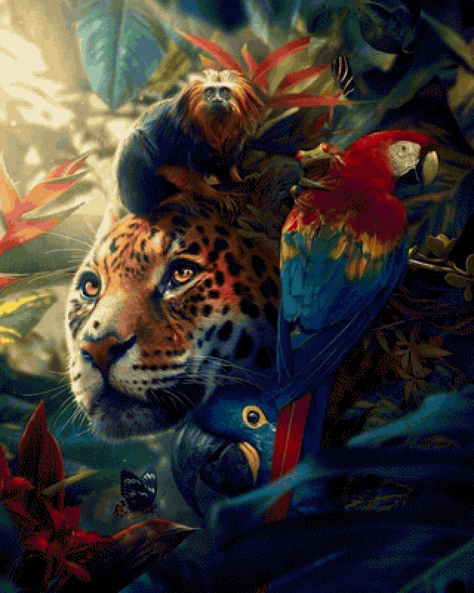 Джунгли - попугай, леопард, джунгли, звери - предпросмотр