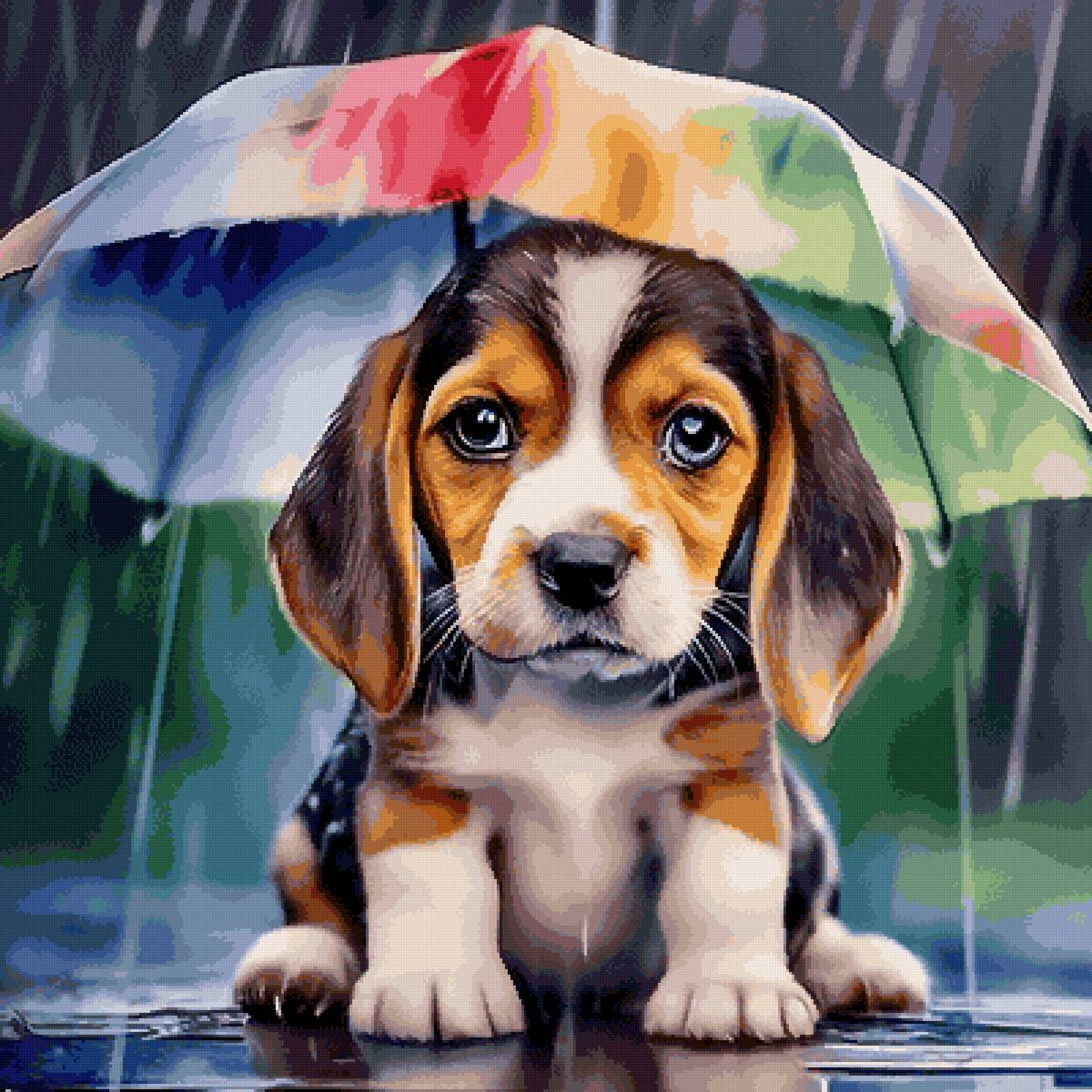 Под зонтиком - животные, собаки, собака, биигль, щенки - предпросмотр