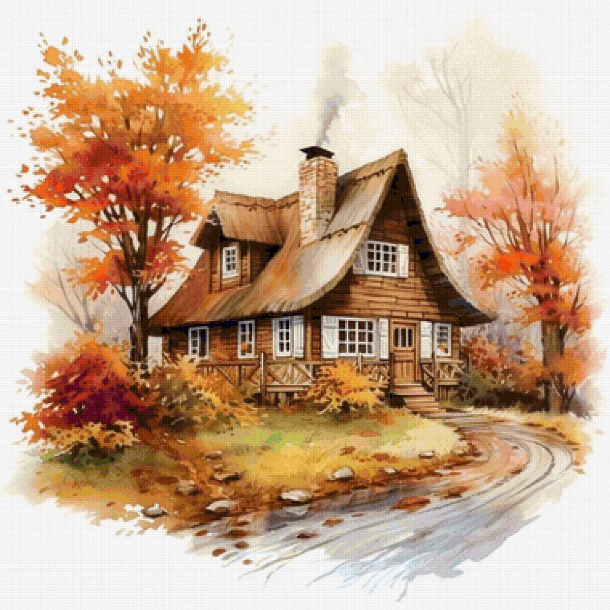 Осень - домик дерево дорога - предпросмотр