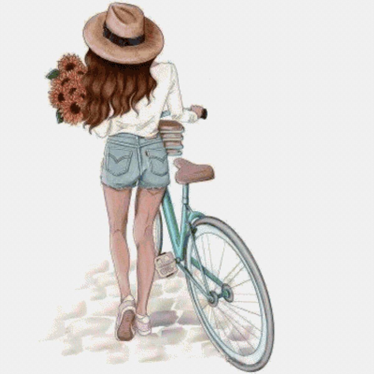 Свидание - букет, девушка, велосипед - предпросмотр