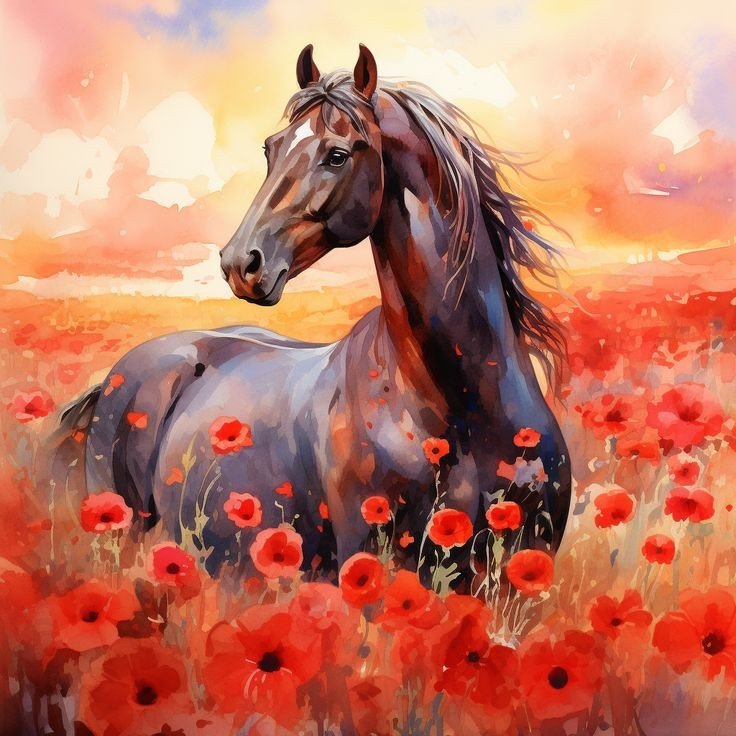 подушка лошадь в маках - оригинал