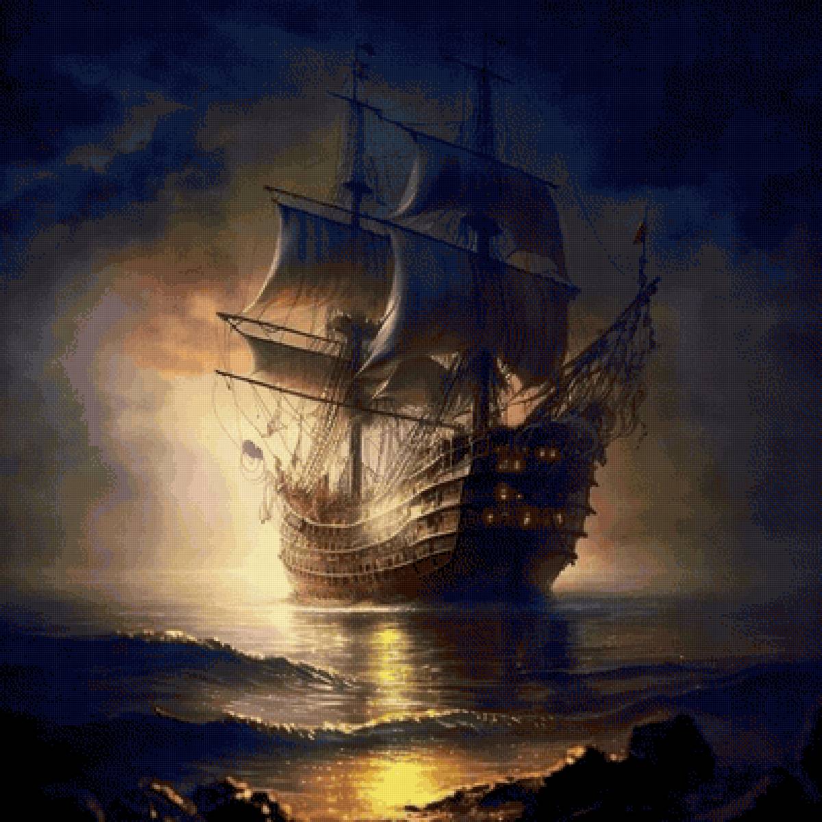 Корабль - ночь, море, корабль - предпросмотр