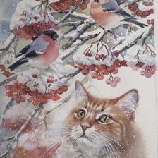 Схема вышивки «Снегири и кошка»
