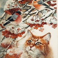 Схема вышивки «Снегири и кошка»
