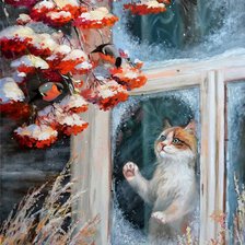 Схема вышивки «Кот и снегири»