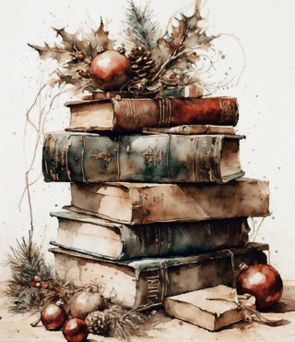 Книжный новый год - новый год, книги, акварель - предпросмотр