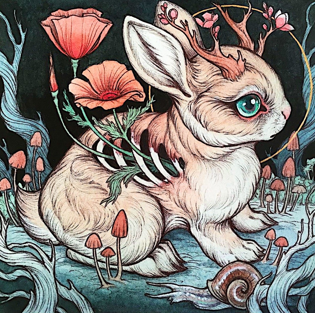 Кролик - череп, скелет, цветы, кролик - оригинал