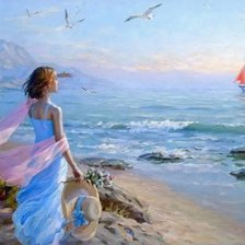 Схема вышивки «Девушка в голубом ждёт алый парус»