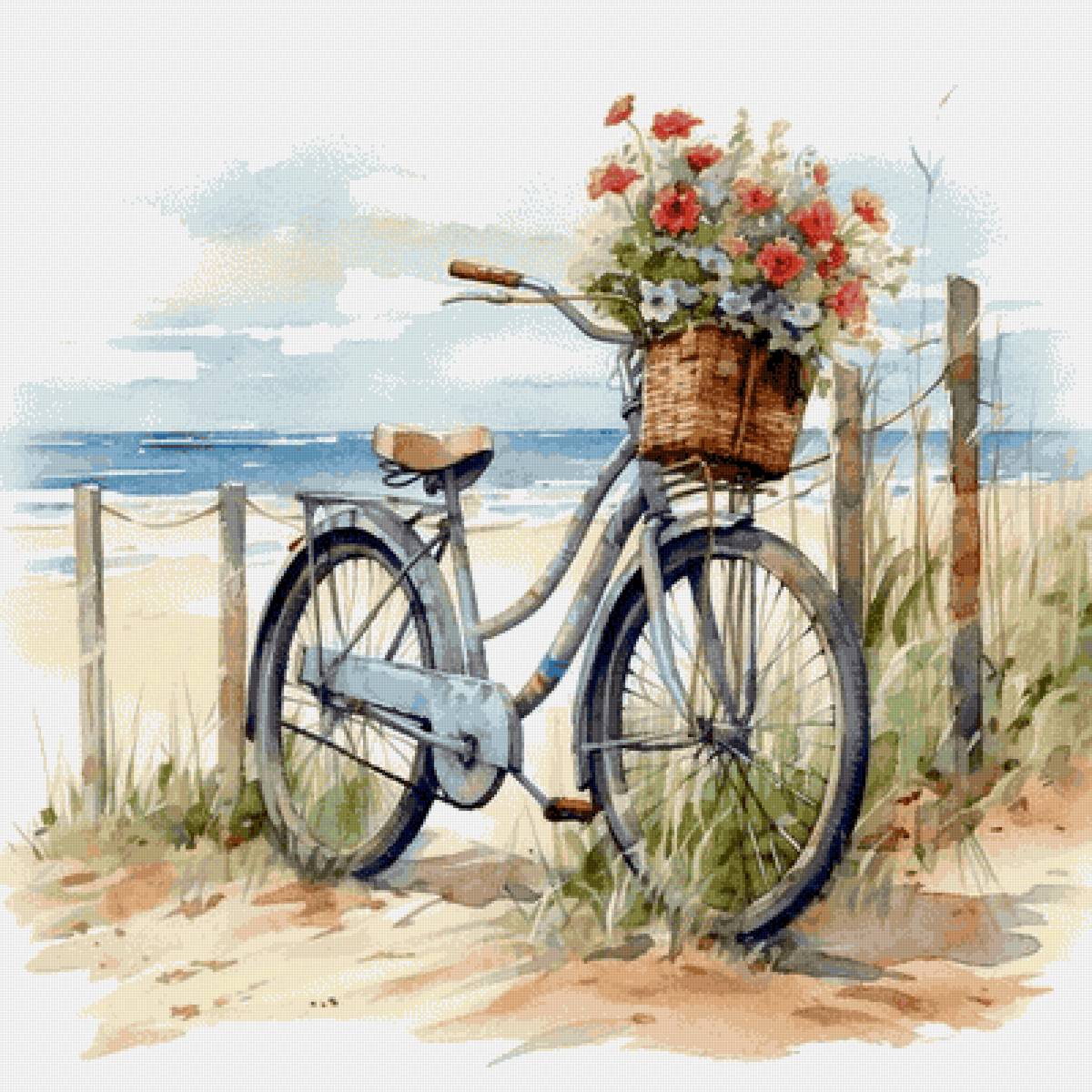 Прогулка - цветы, море, лето, велосипед - предпросмотр