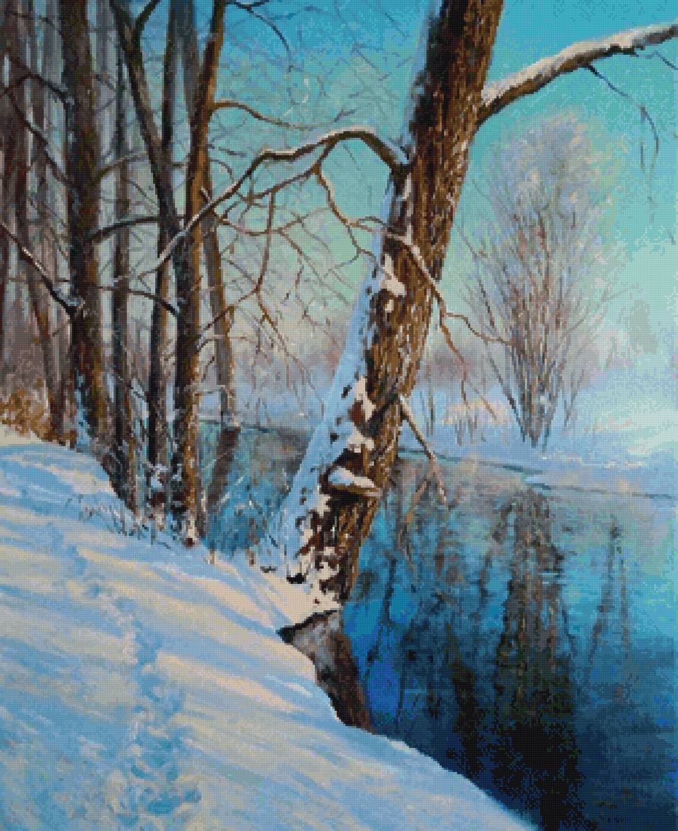 Зимняя речка - река, снег, зима, солнце, деревья - предпросмотр