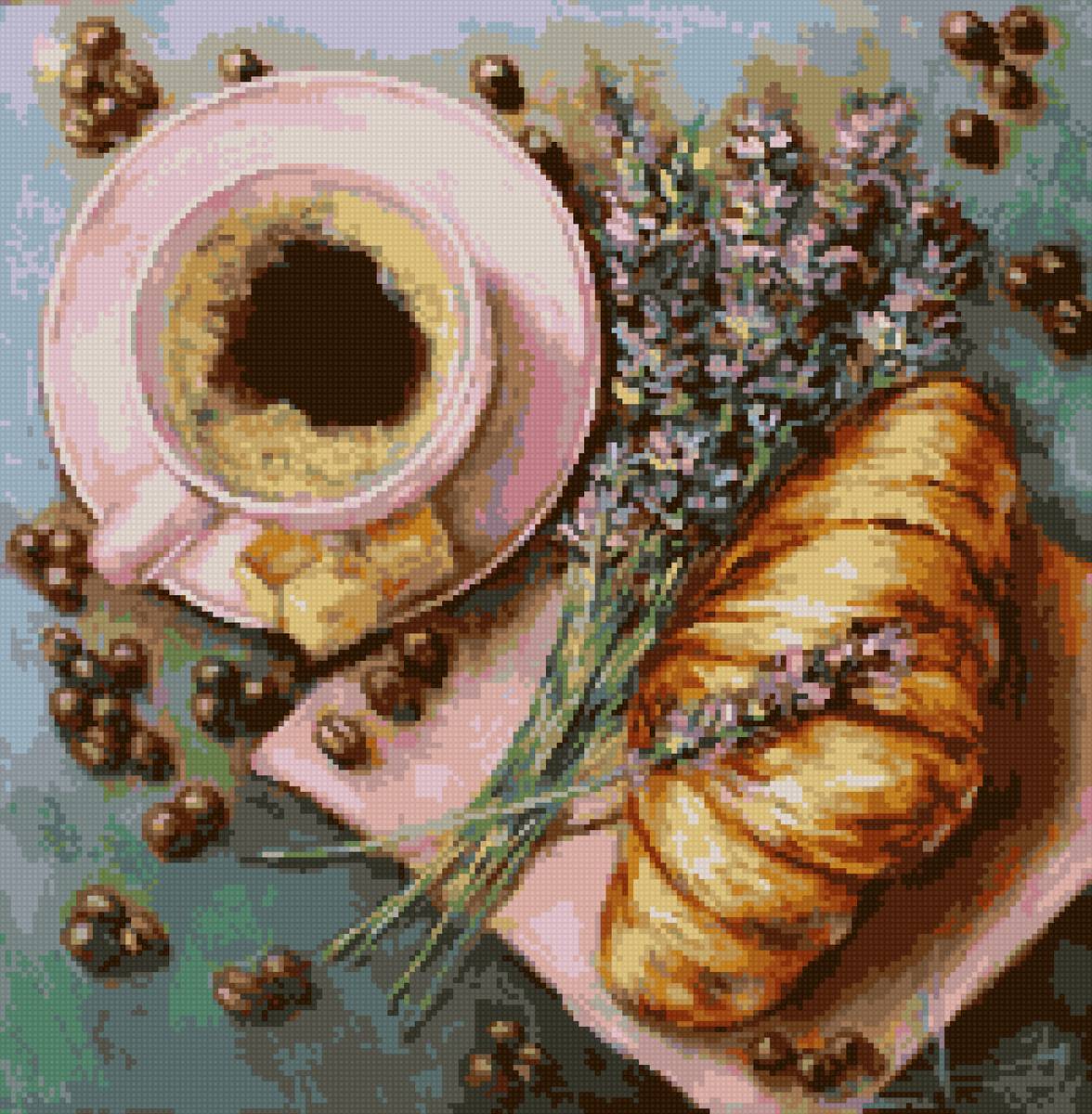 завтрак - кофе, лаванда, круассан - предпросмотр