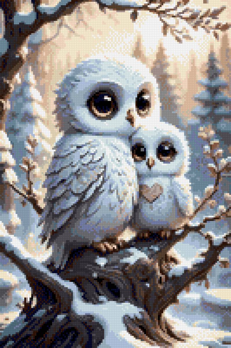Совушки - новогодние, зимние, белые, детская, птицы, совы - предпросмотр