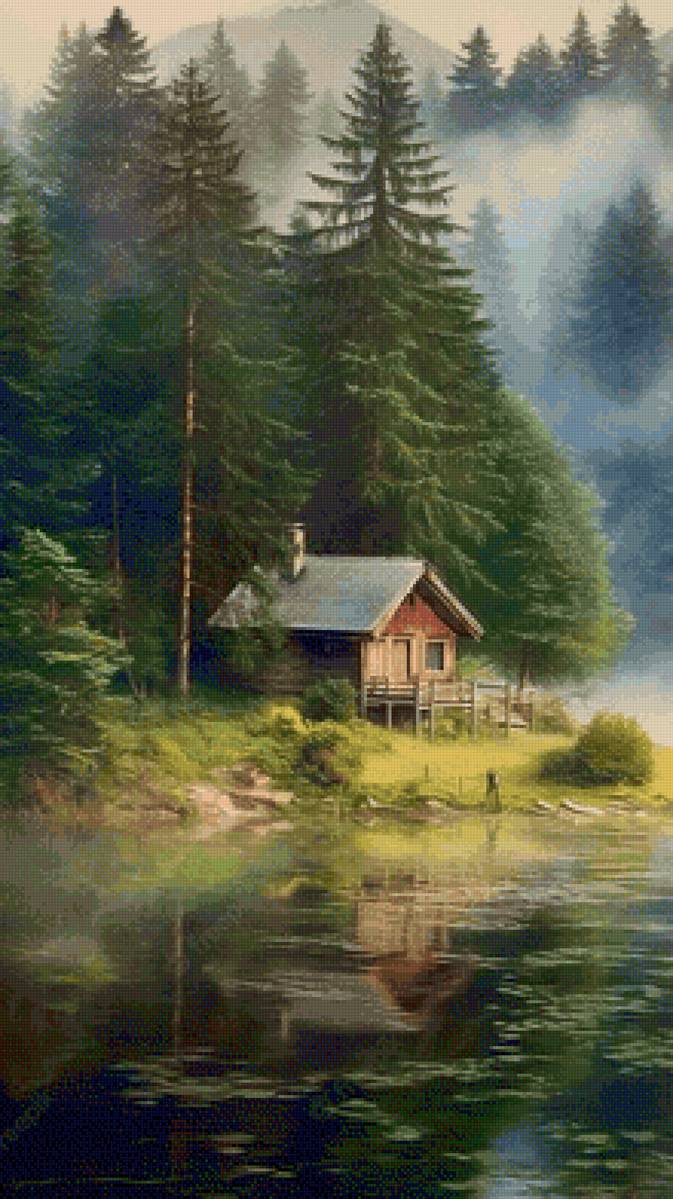 Домик у озера - лес, дом, тайга, озеро - предпросмотр