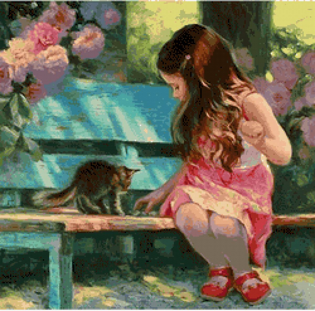 Интересная игра - игра, котенок, лавочка, цветы, ребенок, вместе, сад, девочка - предпросмотр